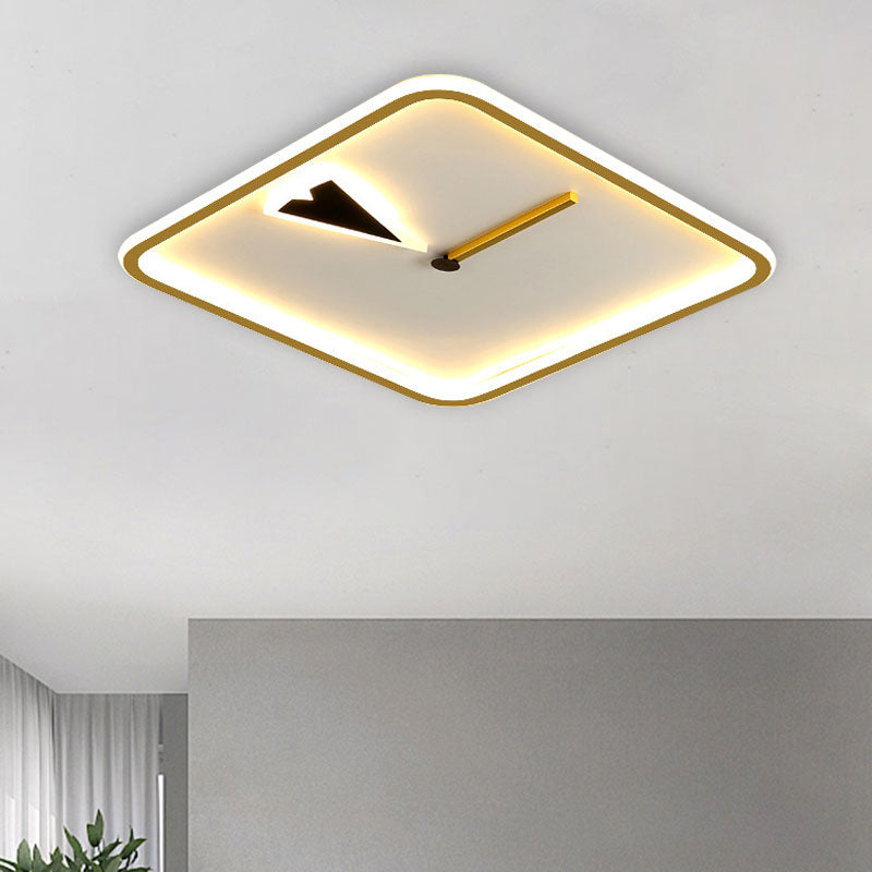 Modern Acrylic LED Bedroom Flushmount with Clock Design - Round/Square, Black/Gold