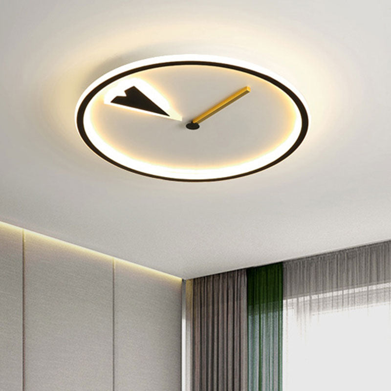 Modern Acrylic LED Bedroom Flushmount with Clock Design - Round/Square, Black/Gold