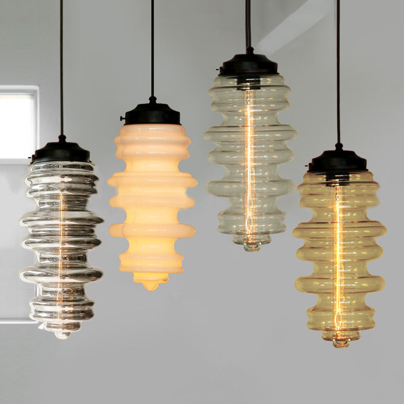 Modern Ribbed Pendant Light With Multicolor Glass Shade - One-Light Ceiling Lamp