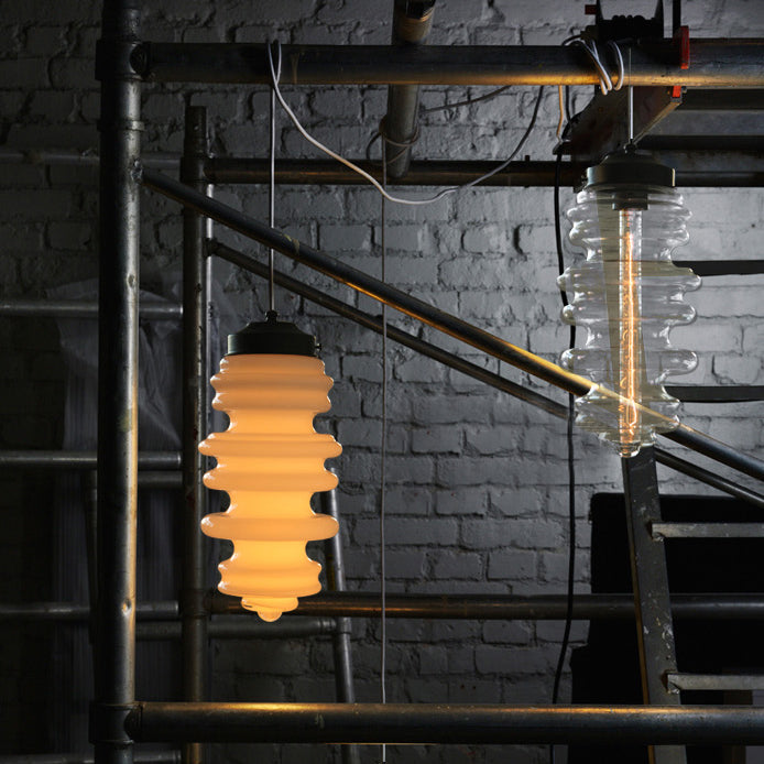Modern 1-Light Pendant with Sleek Black Ribbed Ceiling Mount and Multi-Color Glass Shade