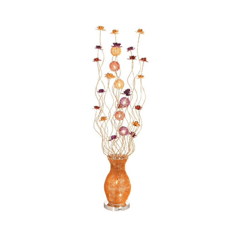 Curved Aluminum Floor Lamp With Led Light Floral Decor And Vase Base In Gold