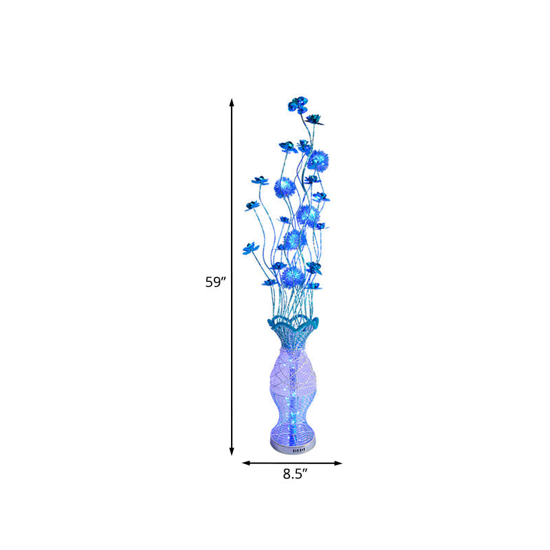 Rustic Bedroom Led Floor Lamp With Vase-Shaped Pleated Design And Blue Flower Decor Decorative