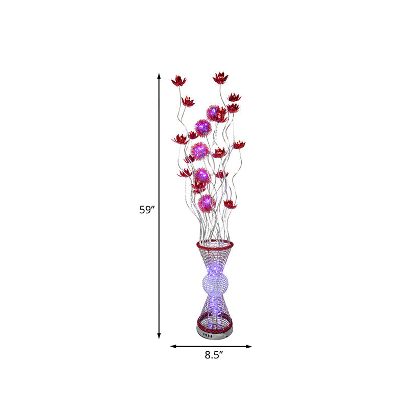 Red Led Aluminum Floor Lamp With Curved Stick And Floret: Art Decor Hourglass Light