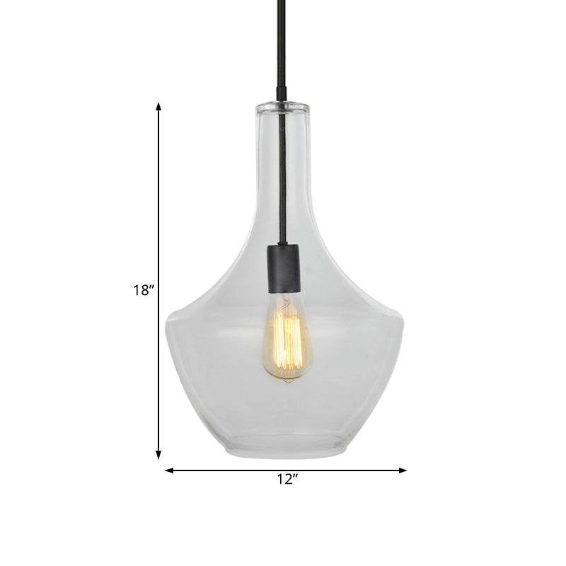 Wide Urn Shape Clear Glass Pendant Lamp - Modernist 1 Light Black Hanging