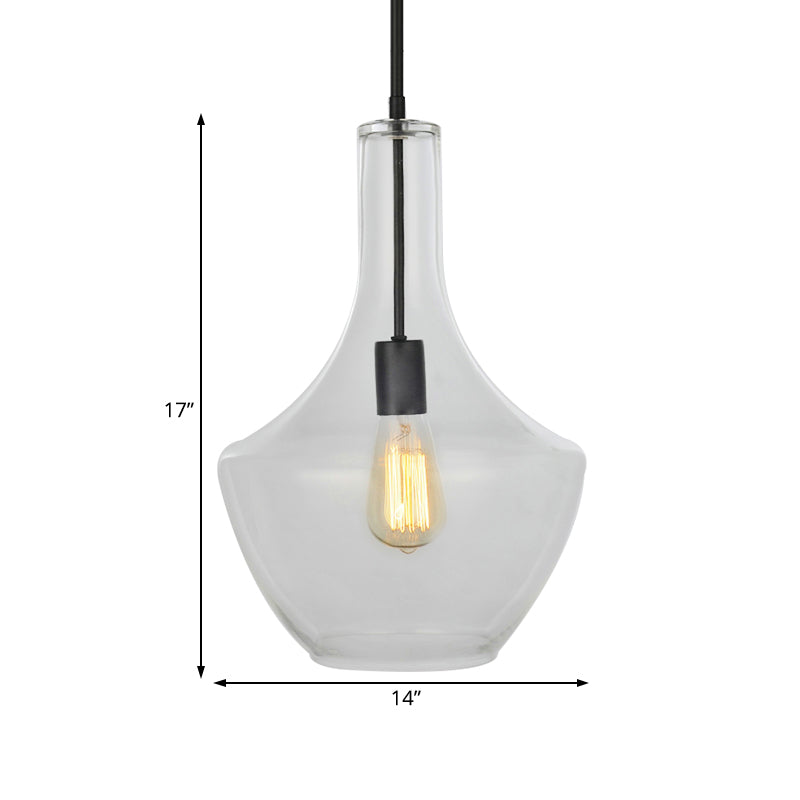 Wide Urn Shape Clear Glass Pendant Lamp - Modernist 1 Light Black Hanging