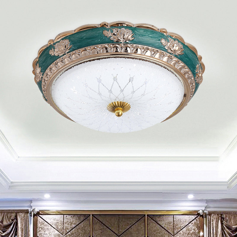 Green LED Bedroom Flushmount Ceiling Light in Rural Style, Milky Glass Domed, Sizes: 12"/16"/19.5