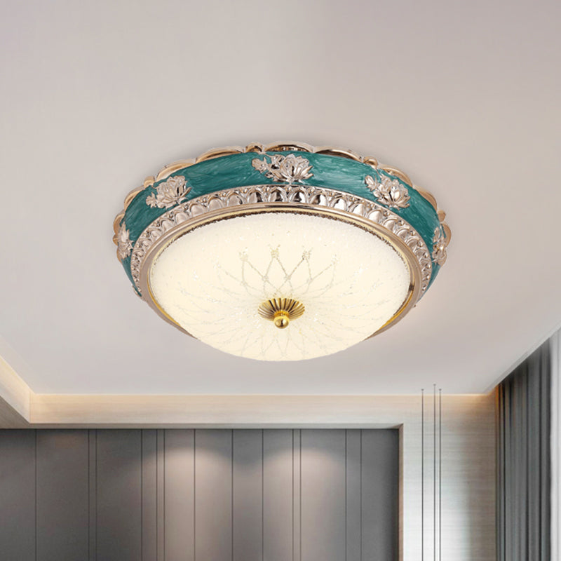 Green LED Bedroom Flushmount Ceiling Light in Rural Style, Milky Glass Domed, Sizes: 12"/16"/19.5