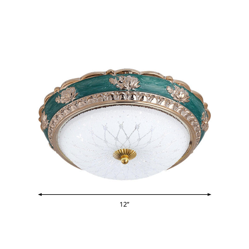 Green LED Bedroom Flushmount Ceiling Light in Rural Style, Milky Glass Domed, Sizes: 12"/16"/19.5