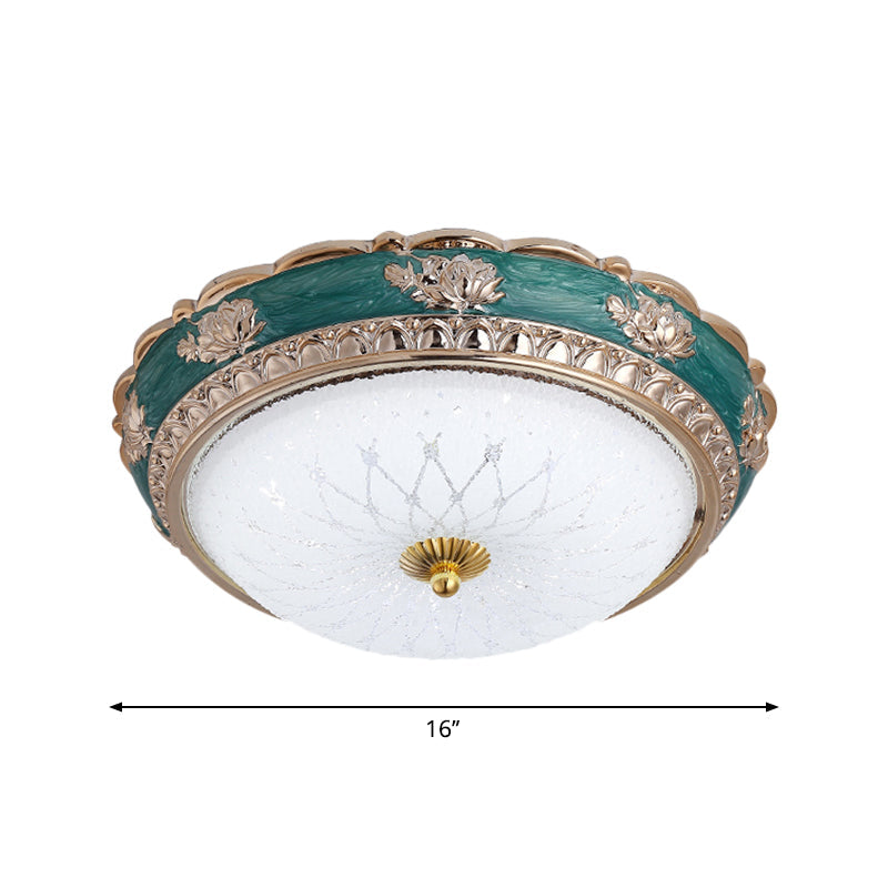 Green LED Bedroom Flushmount Ceiling Light in Rural Style, Milky Glass Domed, Sizes: 12"/16"/19.5