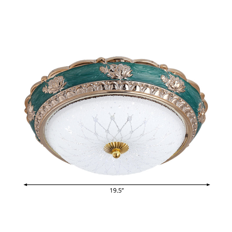 Green LED Bedroom Flushmount Ceiling Light in Rural Style, Milky Glass Domed, Sizes: 12"/16"/19.5