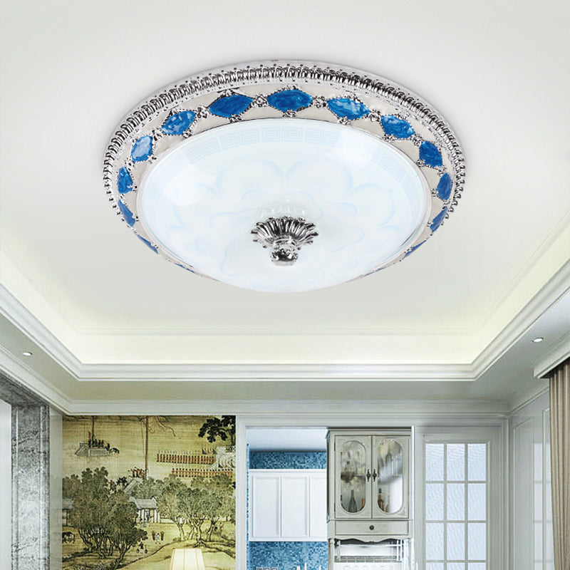 Rustic Blue LED Glass Dome Bedroom Flushmount Light Fixture with Crystal Accent, 12"/16"/19.5" Wide
