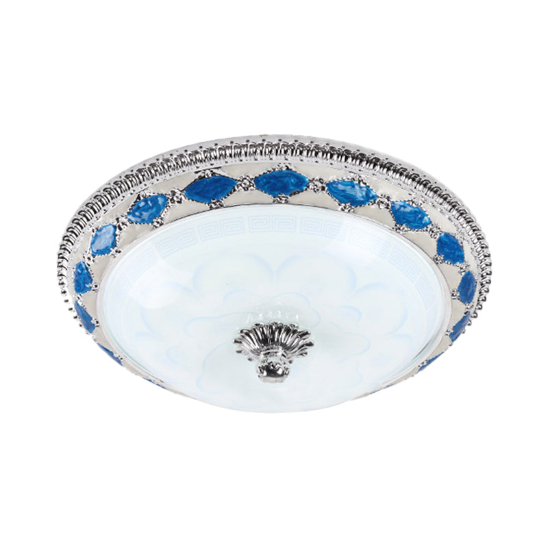 Rustic Blue LED Glass Dome Bedroom Flushmount Light Fixture with Crystal Accent, 12"/16"/19.5" Wide