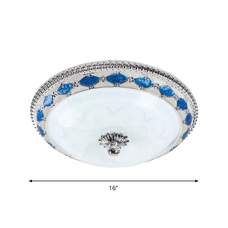 Rustic Blue LED Glass Dome Bedroom Flushmount Light Fixture with Crystal Accent, 12"/16"/19.5" Wide