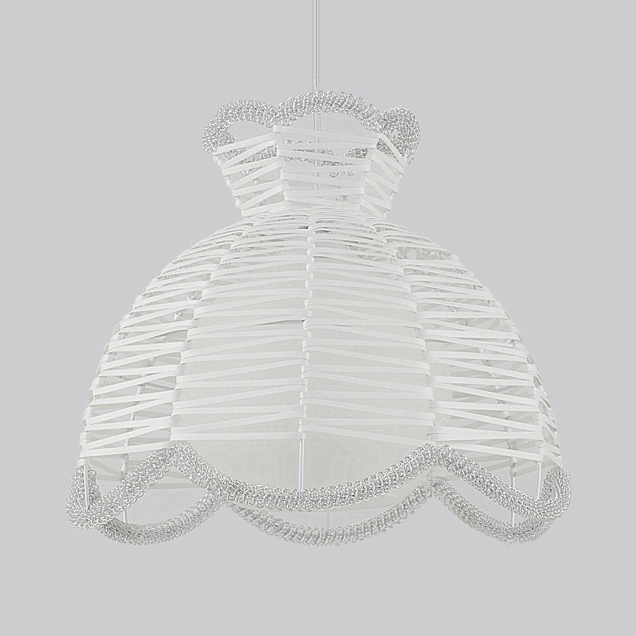 Modern 1 Light Rattan Pendant Lamp With Scalloped Shade - White