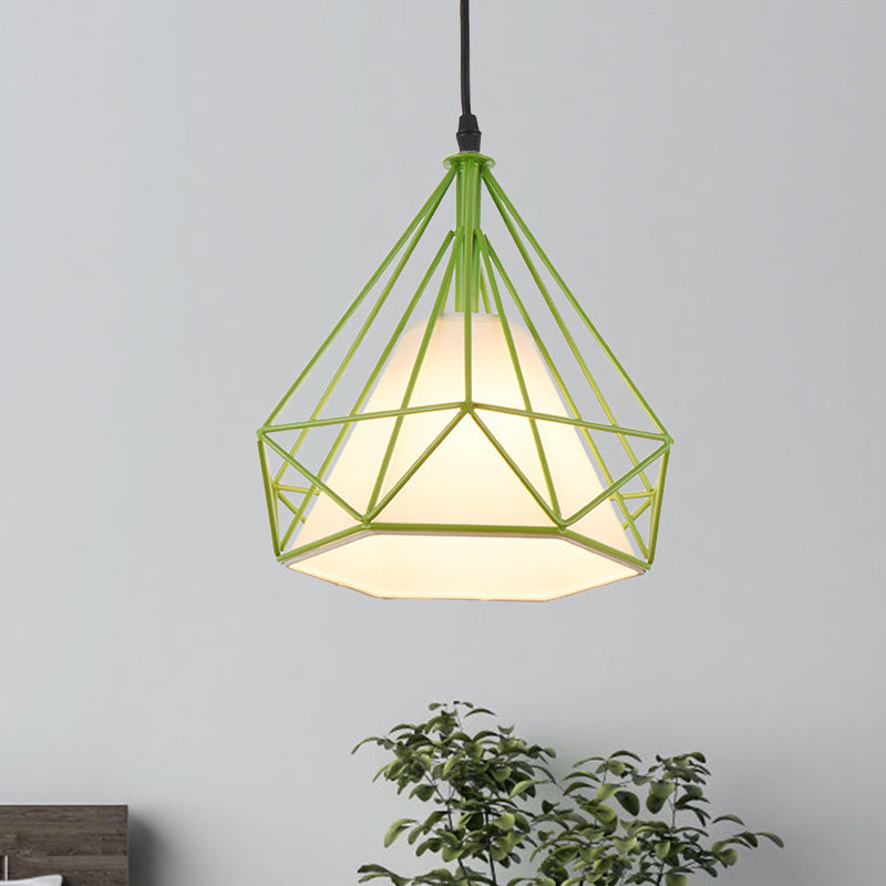Lampe suspendue rétro en forme de cage à diamants - 10"/15" de diamètre - Luminaire suspendu métallique - Abat-jour en tissu vert/jaune