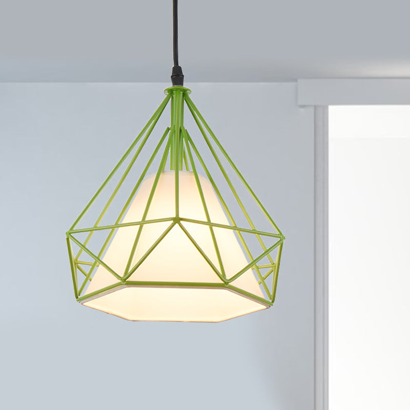 Vintage Diamond Cage Hanging Lamp - 10/15 Dia Metallic Pendant Light With Green/Yellow Fabric Shade
