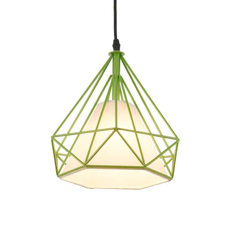 Lampe suspendue rétro en forme de cage à diamants - 10"/15" de diamètre - Luminaire suspendu métallique - Abat-jour en tissu vert/jaune