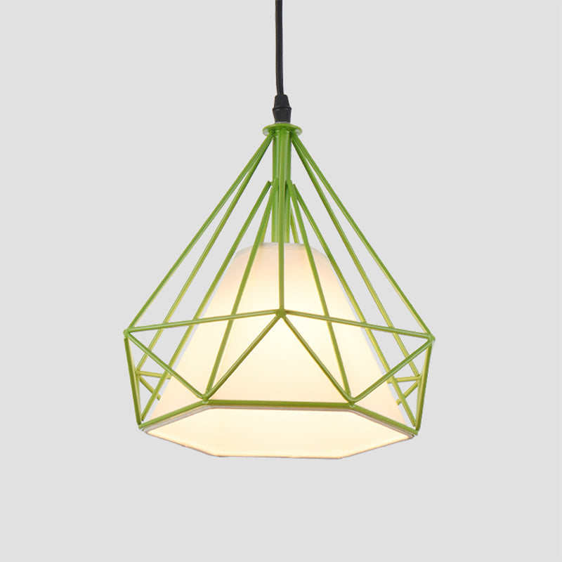 Lampe suspendue rétro en forme de cage à diamants - 10"/15" de diamètre - Luminaire suspendu métallique - Abat-jour en tissu vert/jaune