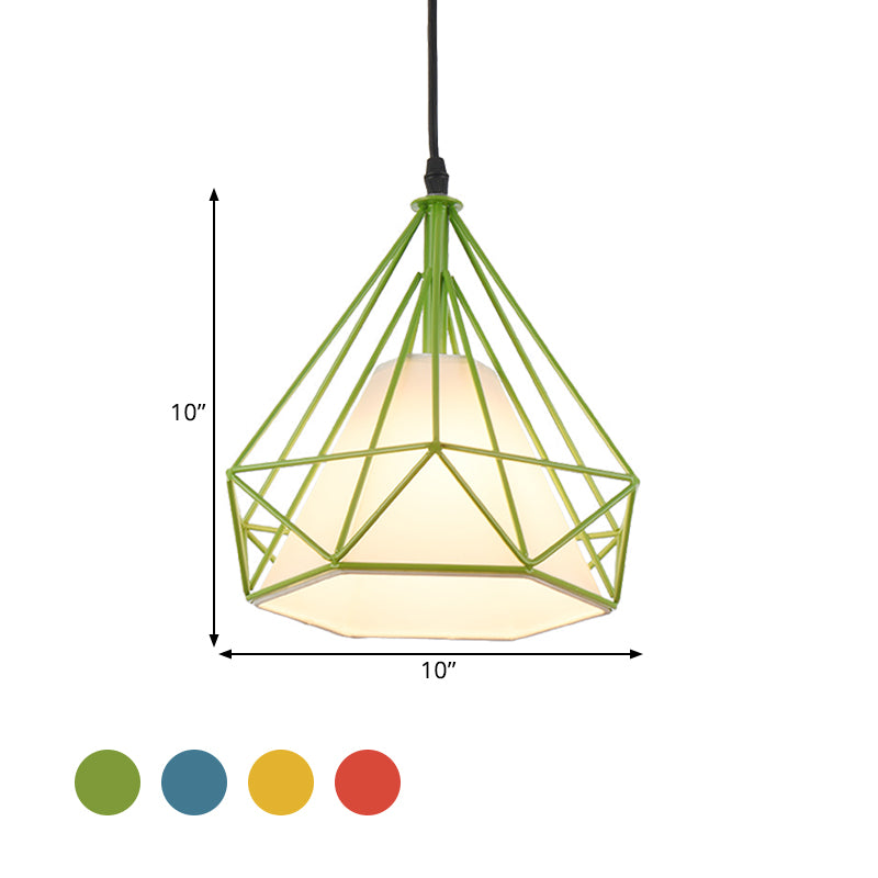 Lampe suspendue rétro en forme de cage à diamants - 10"/15" de diamètre - Luminaire suspendu métallique - Abat-jour en tissu vert/jaune