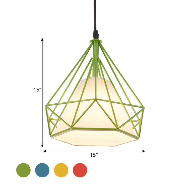 Lampe suspendue rétro en forme de cage à diamants - 10"/15" de diamètre - Luminaire suspendu métallique - Abat-jour en tissu vert/jaune