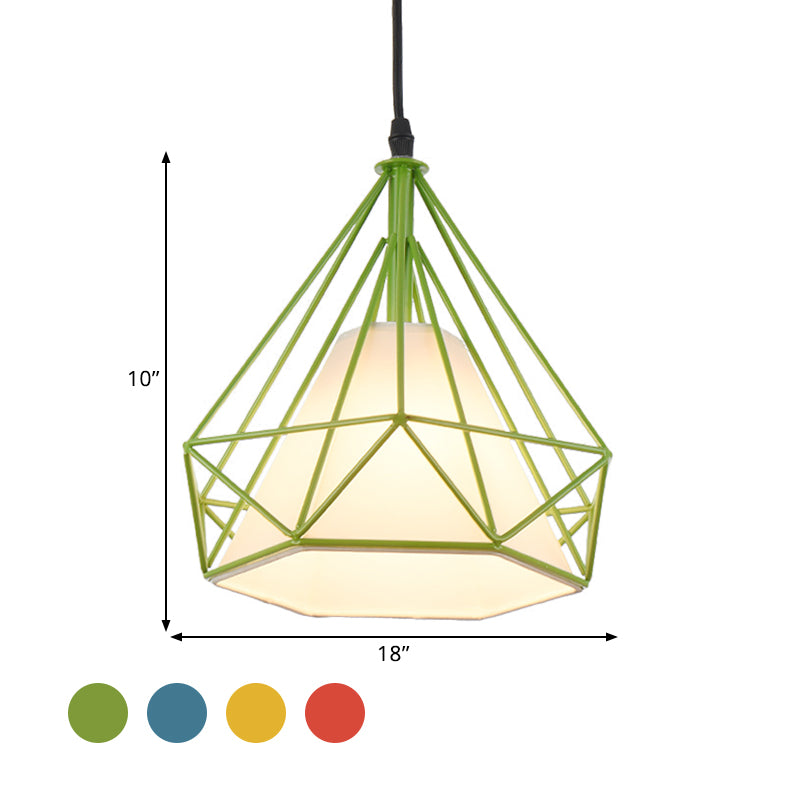 Lampe suspendue rétro en forme de cage à diamants - 10"/15" de diamètre - Luminaire suspendu métallique - Abat-jour en tissu vert/jaune
