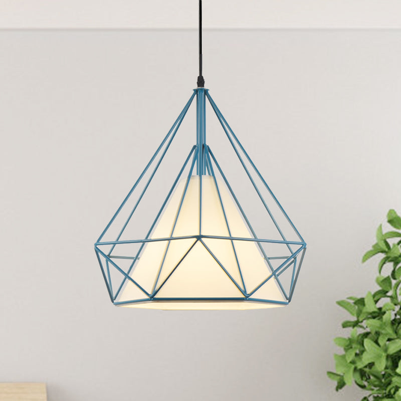 Lampe suspendue rétro en forme de cage à diamants - 10"/15" de diamètre - Luminaire suspendu métallique - Abat-jour en tissu vert/jaune