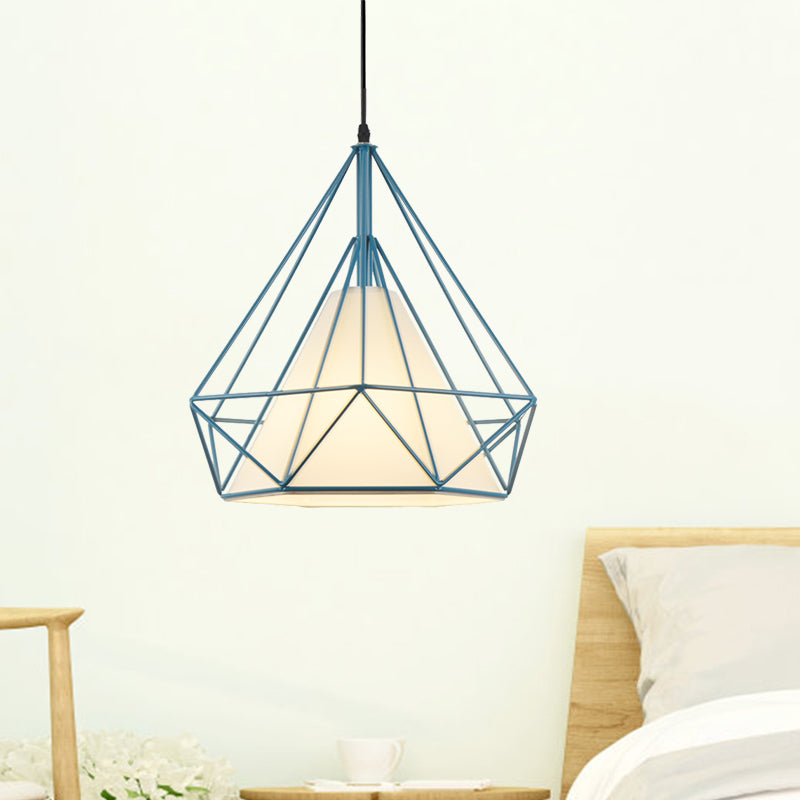 Vintage Diamond Cage Hanging Lamp - 10/15 Dia Metallic Pendant Light With Green/Yellow Fabric Shade