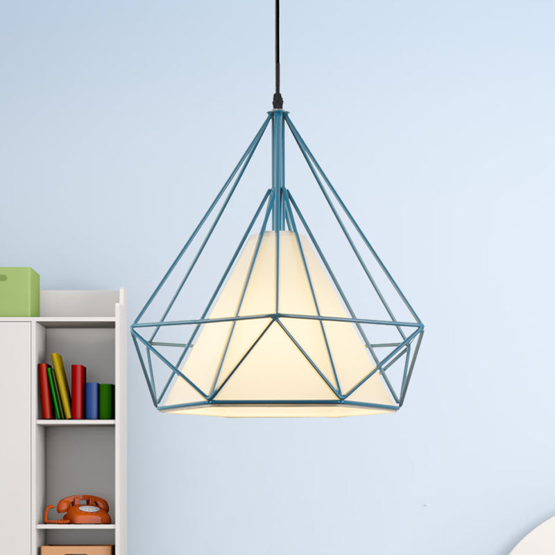 Vintage Diamond Cage Hanging Lamp - 10/15 Dia Metallic Pendant Light With Green/Yellow Fabric Shade