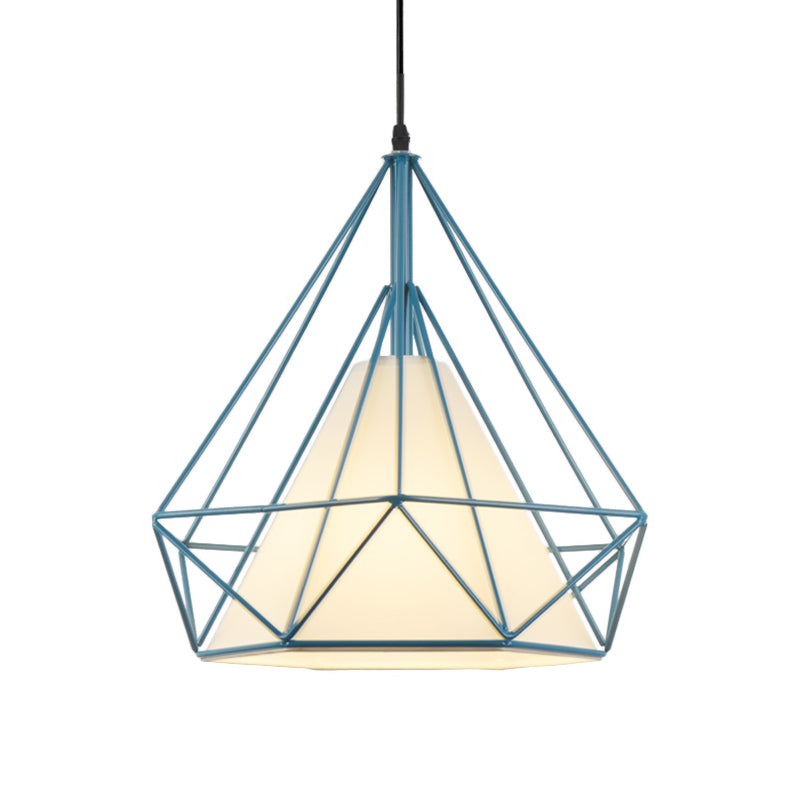 Lampe suspendue rétro en forme de cage à diamants - 10"/15" de diamètre - Luminaire suspendu métallique - Abat-jour en tissu vert/jaune
