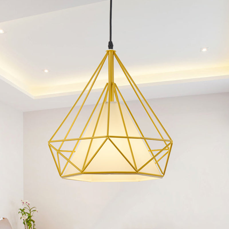 Vintage Diamond Cage Hanging Lamp - 10/15 Dia Metallic Pendant Light With Green/Yellow Fabric Shade