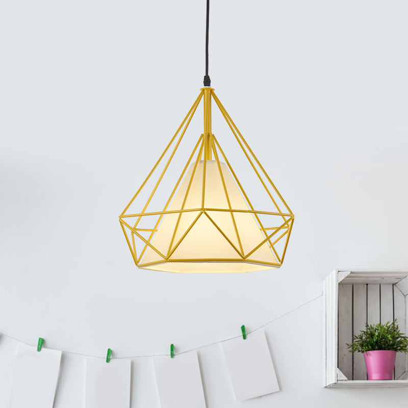 Vintage Diamond Cage Hanging Lamp - 10/15 Dia Metallic Pendant Light With Green/Yellow Fabric Shade
