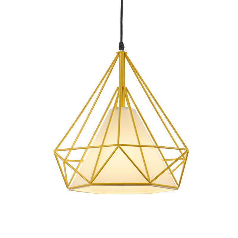 Vintage Diamond Cage Hanging Lamp - 10/15 Dia Metallic Pendant Light With Green/Yellow Fabric Shade