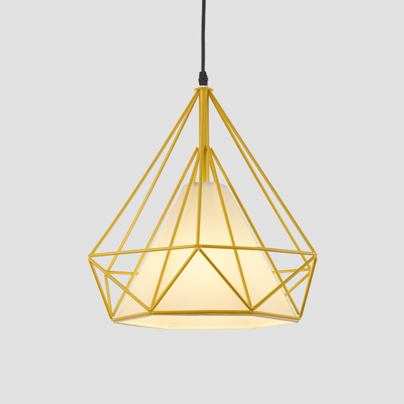 Vintage Diamond Cage Hanging Lamp - 10/15 Dia Metallic Pendant Light With Green/Yellow Fabric Shade
