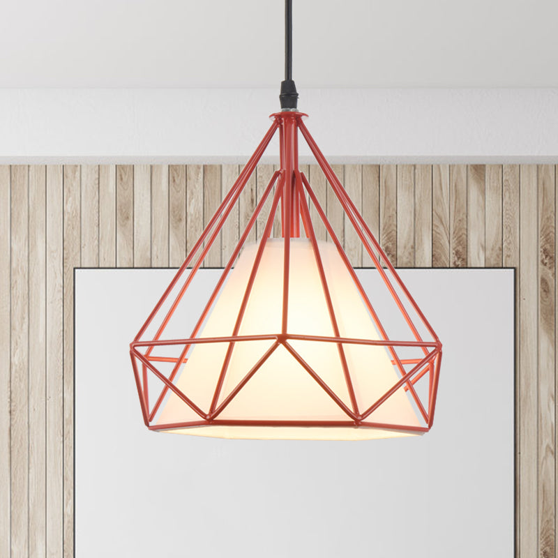 Vintage Diamond Cage Hanging Lamp - 10/15 Dia Metallic Pendant Light With Green/Yellow Fabric Shade