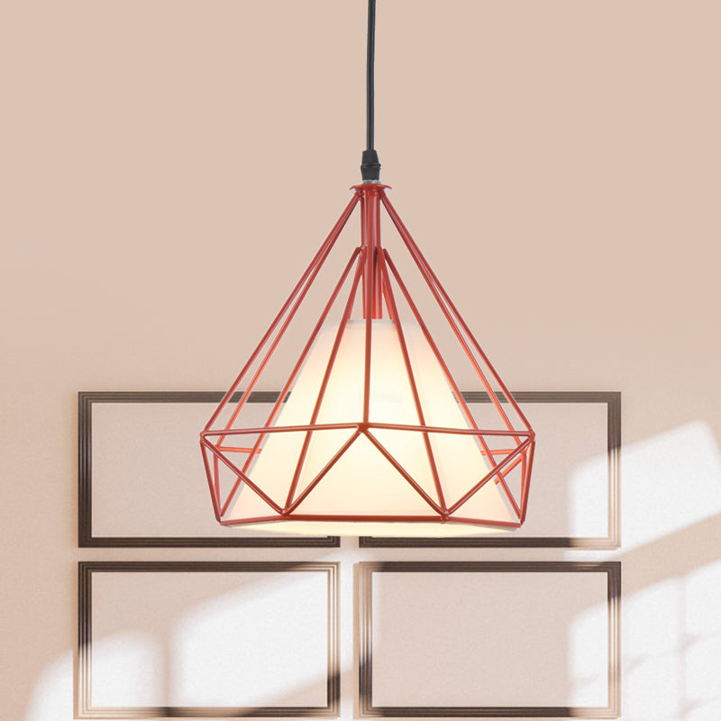Vintage Diamond Cage Hanging Lamp - 10/15 Dia Metallic Pendant Light With Green/Yellow Fabric Shade