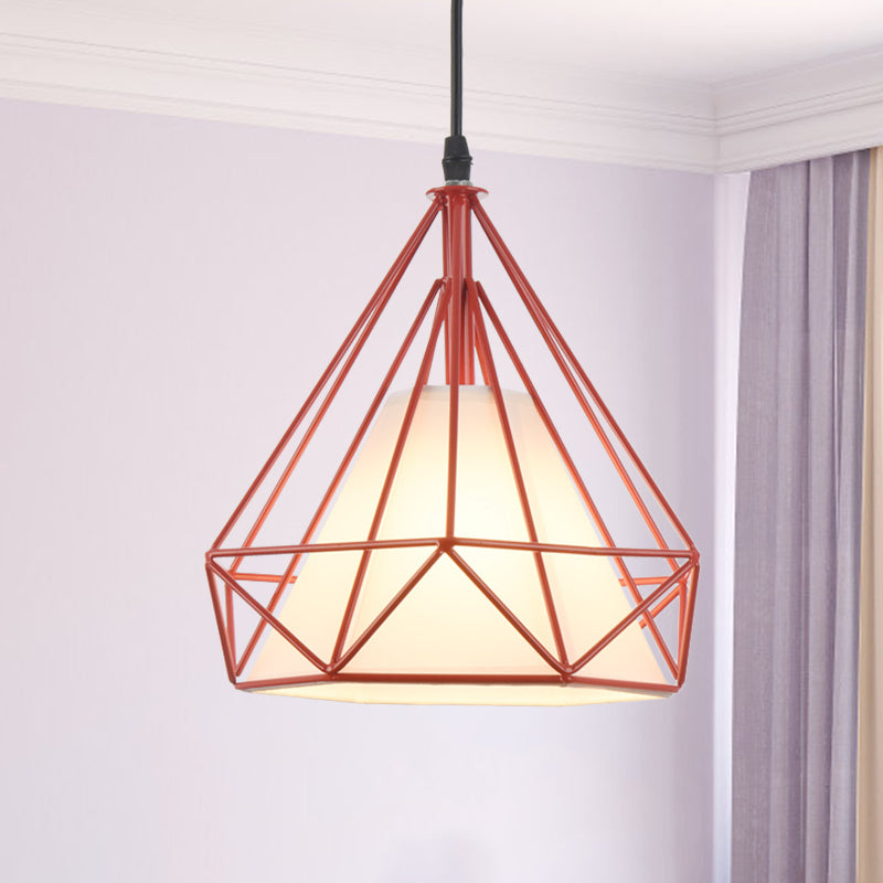 Lampe suspendue rétro en forme de cage à diamants - 10"/15" de diamètre - Luminaire suspendu métallique - Abat-jour en tissu vert/jaune