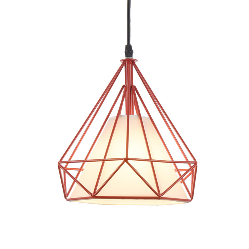 Lampe suspendue rétro en forme de cage à diamants - 10"/15" de diamètre - Luminaire suspendu métallique - Abat-jour en tissu vert/jaune
