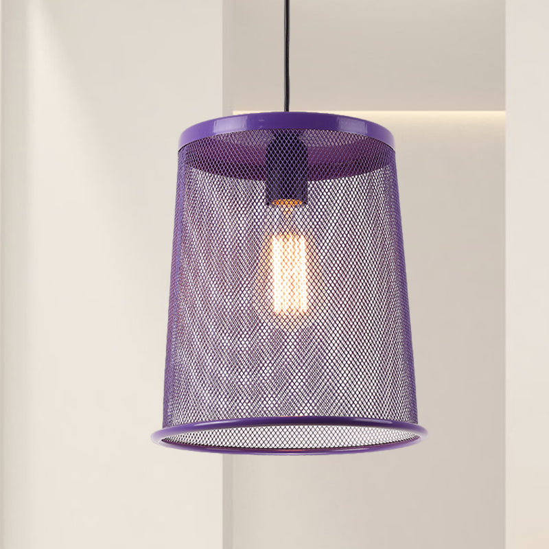 Vintage Silver/Red Cylinder Pendant Light with Mesh Cage Shade - Stylish Dining Room Hanging Lamp (1 Bulb)