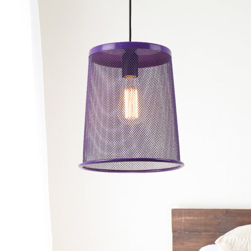 Stylish Vintage Silver/Red Cylinder Pendant Light: Hanging Lamp With Mesh Cage Shade - Ideal For