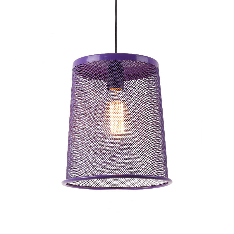 Vintage Silver/Red Cylinder Pendant Light with Mesh Cage Shade - Stylish Dining Room Hanging Lamp (1 Bulb)
