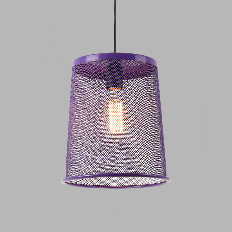Vintage Silver/Red Cylinder Pendant Light with Mesh Cage Shade - Stylish Dining Room Hanging Lamp (1 Bulb)