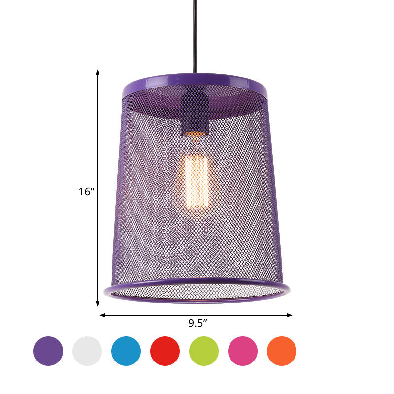 Vintage Silver/Red Cylinder Pendant Light with Mesh Cage Shade - Stylish Dining Room Hanging Lamp (1 Bulb)