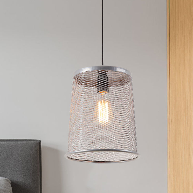 Vintage Silver/Red Cylinder Pendant Light with Mesh Cage Shade - Stylish Dining Room Hanging Lamp (1 Bulb)