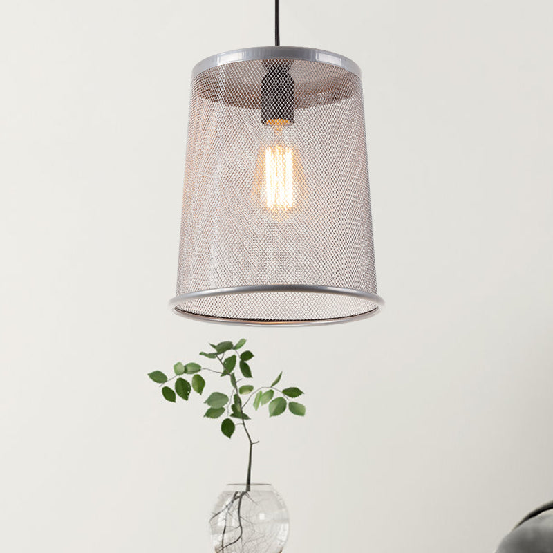 Vintage Silver/Red Cylinder Pendant Light with Mesh Cage Shade - Stylish Dining Room Hanging Lamp (1 Bulb)