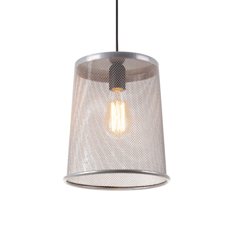 Vintage Silver/Red Cylinder Pendant Light with Mesh Cage Shade - Stylish Dining Room Hanging Lamp (1 Bulb)