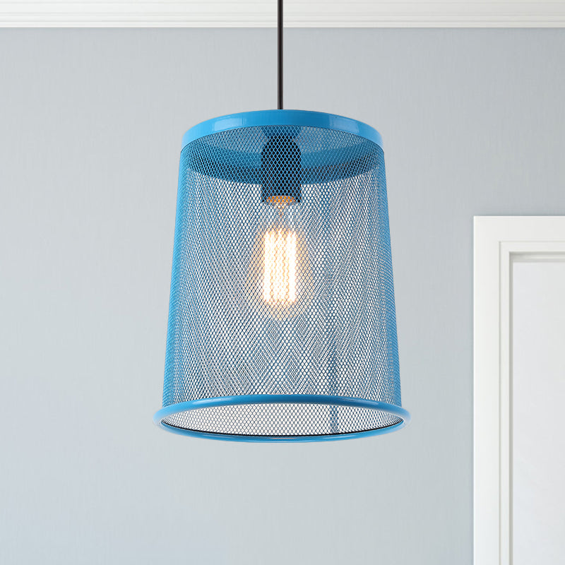 Vintage Silver/Red Cylinder Pendant Light with Mesh Cage Shade - Stylish Dining Room Hanging Lamp (1 Bulb)