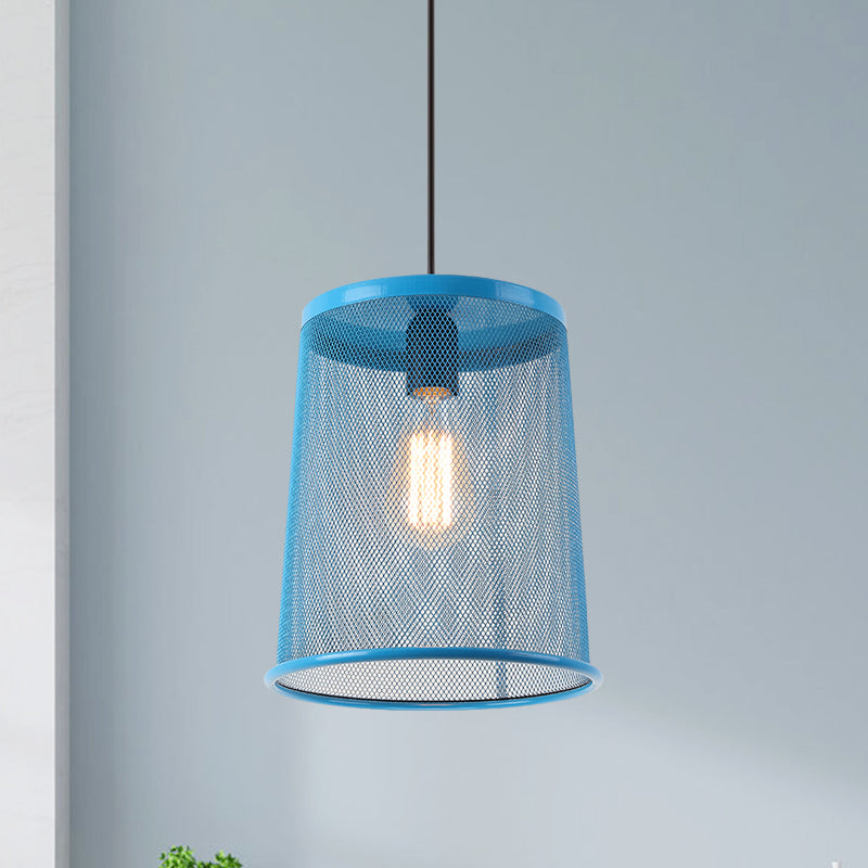 Vintage Silver/Red Cylinder Pendant Light with Mesh Cage Shade - Stylish Dining Room Hanging Lamp (1 Bulb)