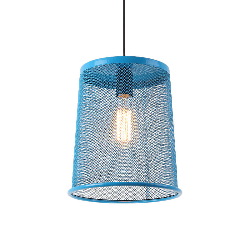 Vintage Silver/Red Cylinder Pendant Light with Mesh Cage Shade - Stylish Dining Room Hanging Lamp (1 Bulb)