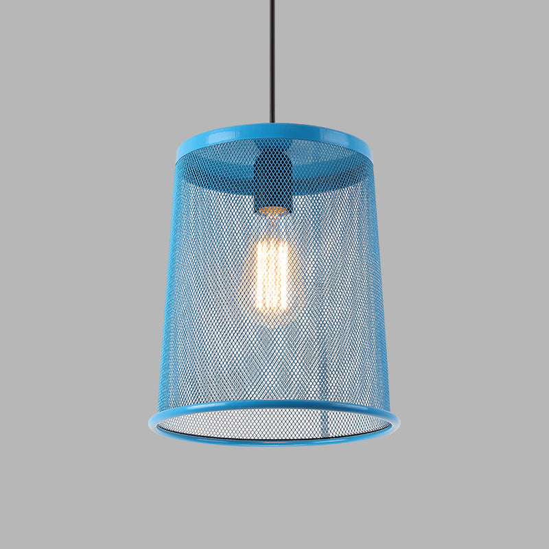 Vintage Silver/Red Cylinder Pendant Light with Mesh Cage Shade - Stylish Dining Room Hanging Lamp (1 Bulb)
