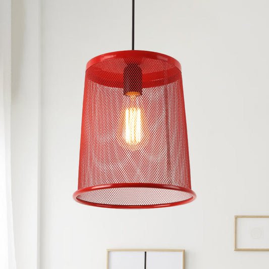 Vintage Silver/Red Cylinder Pendant Light with Mesh Cage Shade - Stylish Dining Room Hanging Lamp (1 Bulb)